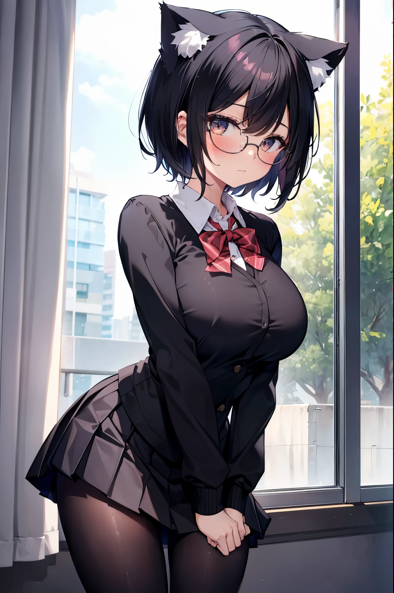 1 girl, glasses, blush, (nekomimi:1.2), (slim body:1.2), (huge breasts:1.1), (slender legs:1.1), black hair, short hair, school uniform, white long sleeve shirt, pleated skirt, (black tights:1.1),