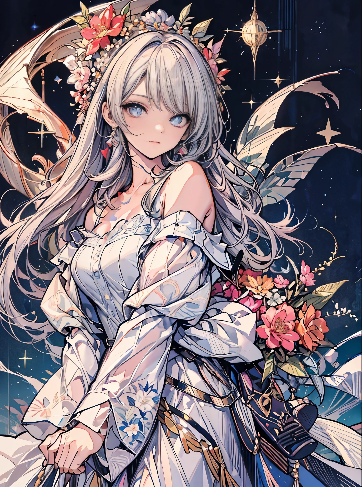 masterpiece, highest quality, High resolution, SA1, off shoulder dress, lots of flowers々, sparkling eyes, false eyelashes, Cute atmosphere,
