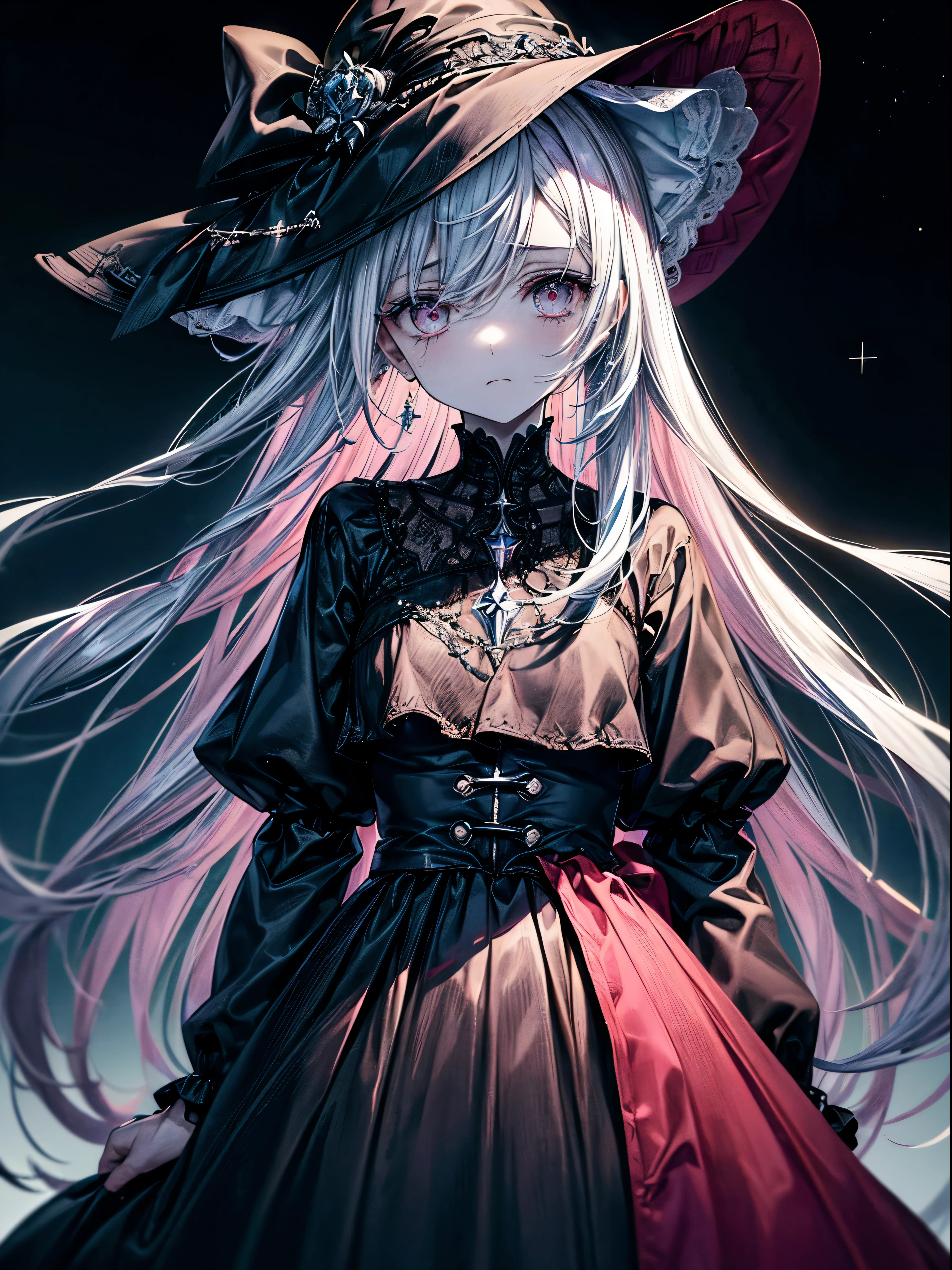 (obra de arte,melhor qualidade,ultra-detalhado),1 garota,cabelo rosa,Pink Witch Hat,(pale skin),roupa de bruxa rosa,rosto lindo e detalhado, olhos detalhados,olhando para o espectador,peito pequeno,((tema cinza),((Depression, tristeness, Melancholic)),tired expression,triste,starry sky