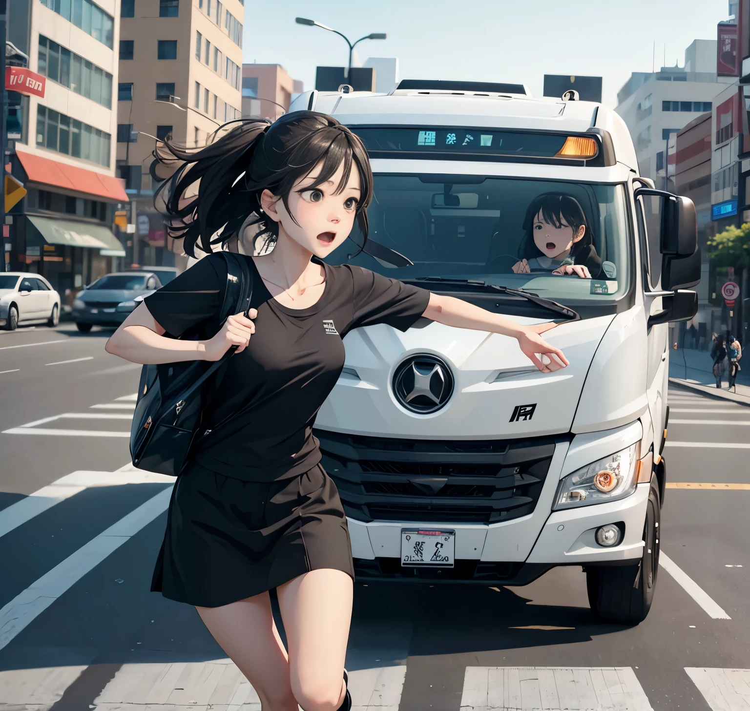 masterpiece、8K、(1 female、A woman about to be hit by a car、running、surprised expression)、pedestrian crossing、city、truck
