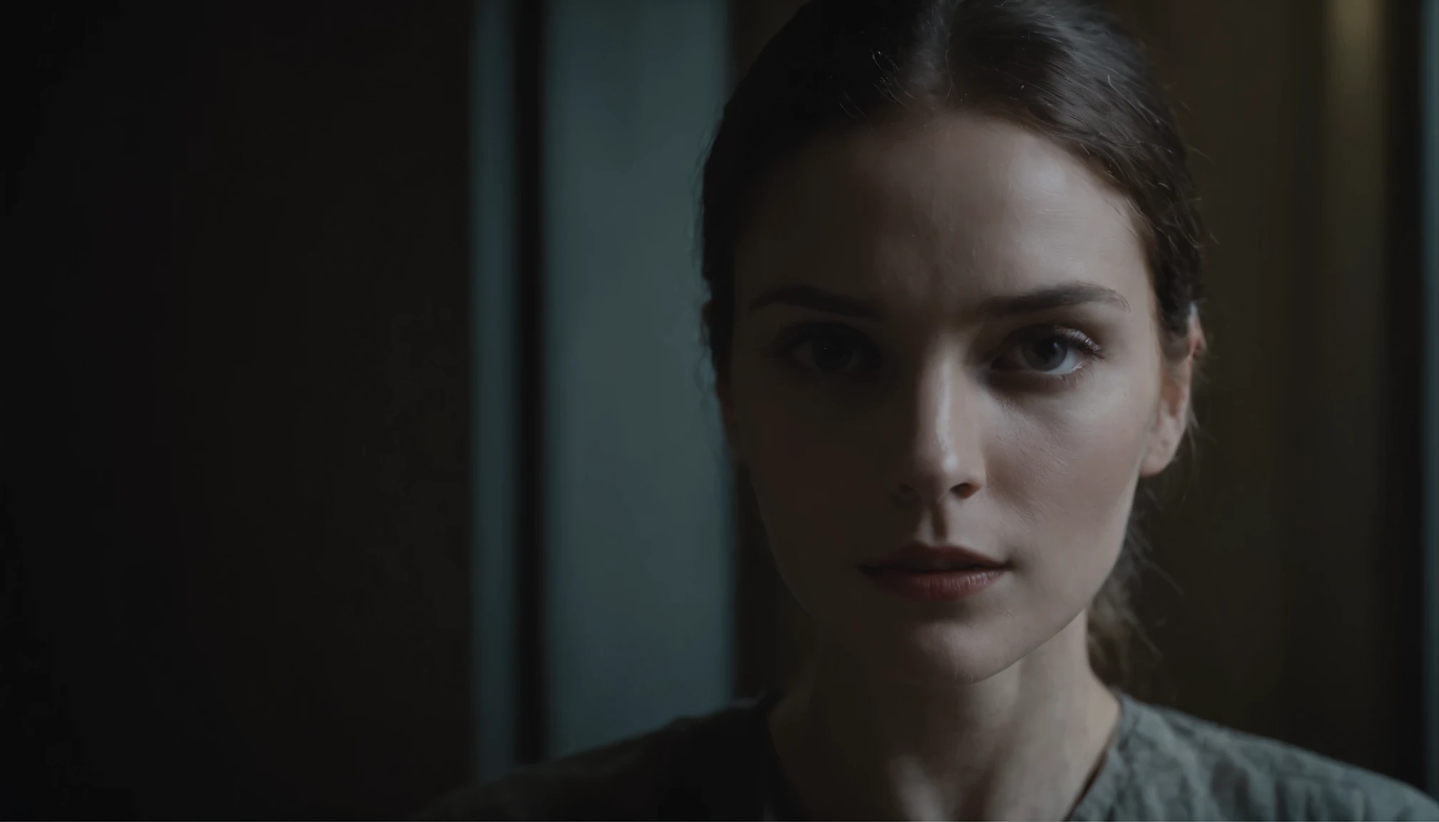 A scene from a psychological thriller, featuring the frightened face of a partially lit suspect, in a dark interrogation room, all wrapped in a dark and brooding visual style, cinematic and atmospheric, with a emphasis on shadow play and tension, style raw