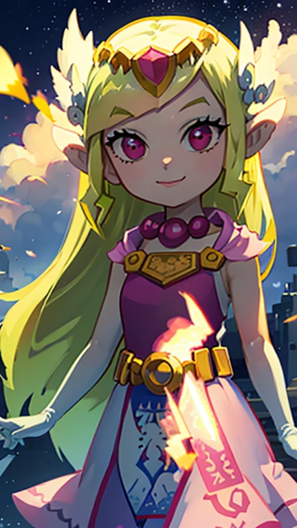 (Young woman) (teenager, 19 years old: 1.3) (Masterpiece, high quality) 1girl, solo (looking at viewer) Zelda, princess, long blonde hair, long pink dress, elegant pink gloves, blue lighting, night sky, cloudy, small clouds, holy Hyrule temple, walking slowly, girly, swaying hips, giggles at viewer, very happy, arms at her sides, very close shot, upper body POV