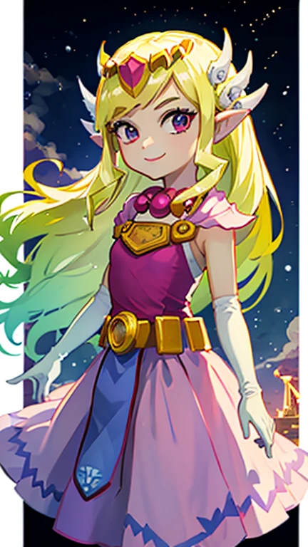 (Young woman) (teenager, 19 years old: 1.3) (Masterpiece, high quality) 1girl, solo (looking at viewer) Zelda, princess, long blonde hair, long pink dress, elegant pink gloves, blue lighting, night sky, cloudy, small clouds, holy Hyrule temple, walking slowly, girly, swaying hips, giggles at viewer, very happy, arms at her sides, very close shot, upper body POV