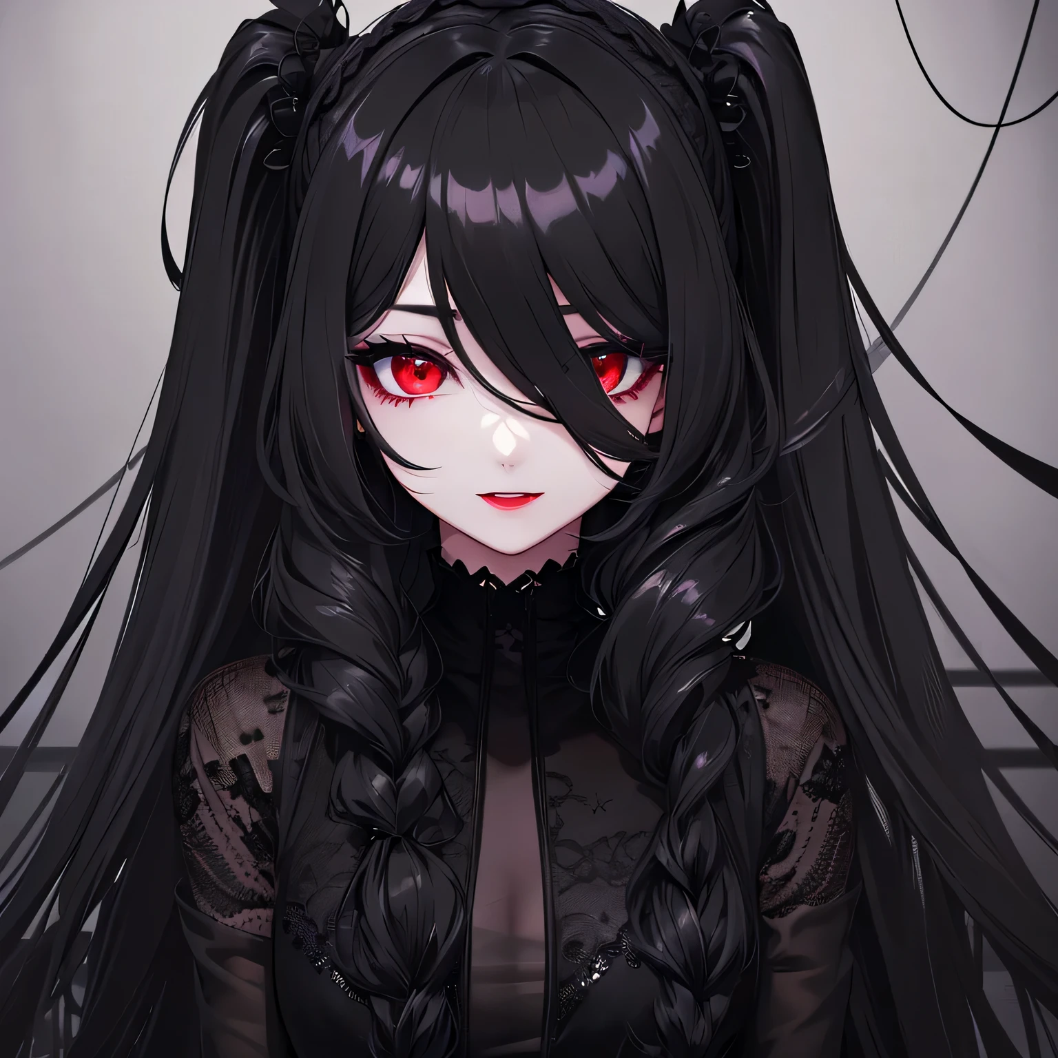 1 girl,Depp's Sense,confused,catch light,Super beautiful illustration,(black color,long hairstyles:1.6),turn around,dark dark eyeshadow,bright red lipstick,Gothic Lolita,Upper body,;d,beautiful and delicate flowing hair,delicate and detailed red eyes,Huge