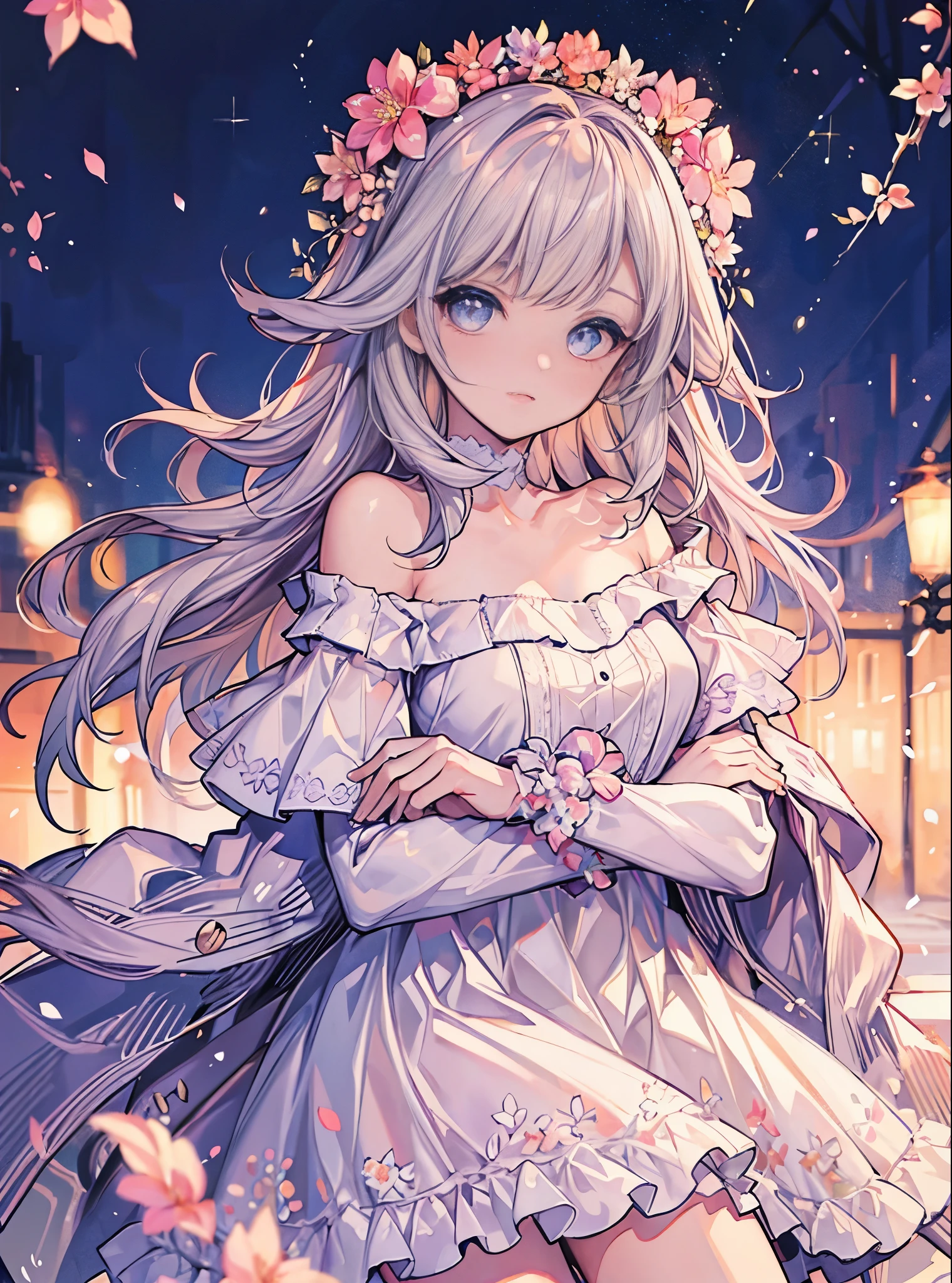 masterpiece, highest quality, High resolution, SA1, off shoulder dress, lots of flowers々, sparkling eyes, false eyelashes, Cute atmosphere,