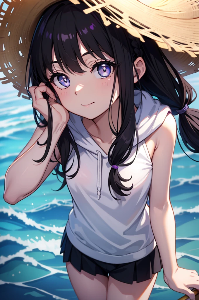 Takiinoue, Inoue check, long hair, bangs, black hair, Braid, (purple eyes:1.2), (small breasts:1.2),Put on a big straw hat,Ocean水浴,Ocean,walking on the sandy beach,Palm tree,sun,summer,school swimwear,Thin hoodie, close your mouth,smile, break (masterpiece:1.2), highest quality, High resolution, unity 8k wallpaper, (shape:0.8), (beautiful and detailed eyes:1.6), highly detailed face, perfect lighting, Very detailed CG, (perfect hands, perfect anatomy),