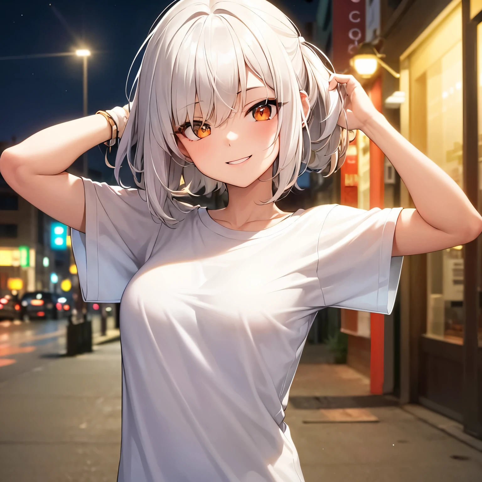masterpiece, best quality, 1 girl, white hair, orange eyes, Solid color T-shirt, Big , Smile, street, night, Put your arms behind your head, night,Happy mood, City,Exhibitionism,bold