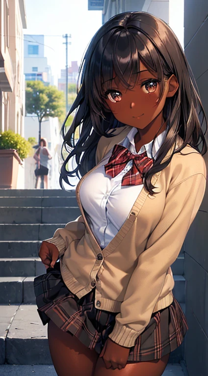 ((desktop, best quality, high quality, artwork, high resolution, nffsw, detailed,pixel perfect, perfect, detailed,absurd graphic, ultra 8K HD, nffsw, nffsw))), 1 dark-skinned woman,beautiful black girl, single, alone, beauty、full body seen 、 ((medium wavy hair, bangs, bright brown skin, black hair, dark skin)), ((brown eyes, beautiful eyelashes, olive skin, realistic eyes)), ((detailed face, blush: 1,2)), ((soft texture: 0.75, realistic texture: 0.65, photorealistic: 1.1, CG anime style)), medium breasts, dynamic angle, beautiful,perfect body, ((red bow tie, school uniform, black jacket, jacket open, brown cardigan, white shirt, black skirt, plaid skirts)), City staircase、Looking up the stairs from below、Very embarrassing panic smile,wallpaper, I turned around、leaning forward、(The wind blew my skirt and exposed my ass. ........ . .. .. ... ..、Touch the buttocks with both hands、White panties)、