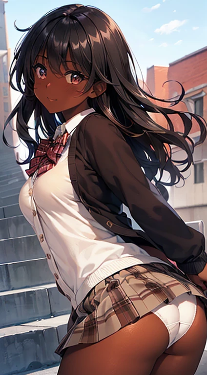 ((desktop, best quality, high quality, artwork, high resolution, nffsw, detailed,pixel perfect, perfect, detailed,absurd graphic, ultra 8K HD, nffsw, nffsw))), 1 dark-skinned woman,beautiful black girl, single, alone, beauty、full body seen 、 ((medium wavy hair, bangs, bright brown skin, black hair, dark skin)), ((brown eyes, beautiful eyelashes, olive skin, realistic eyes)), ((detailed face, blush: 1,2)), ((soft texture: 0.75, realistic texture: 0.65, photorealistic: 1.1, CG anime style)), medium breasts, dynamic angle, beautiful,perfect body, ((red bow tie, school uniform, black jacket, jacket open, brown cardigan, white shirt, black skirt, plaid skirts)), City staircase、Looking up the stairs from below、Very embarrassing panic smile,wallpaper, I turned around、leaning forward、(The wind blew my skirt and exposed my ass. ........ . .. .. ... ..、Touch the buttocks with both hands、White panties)、