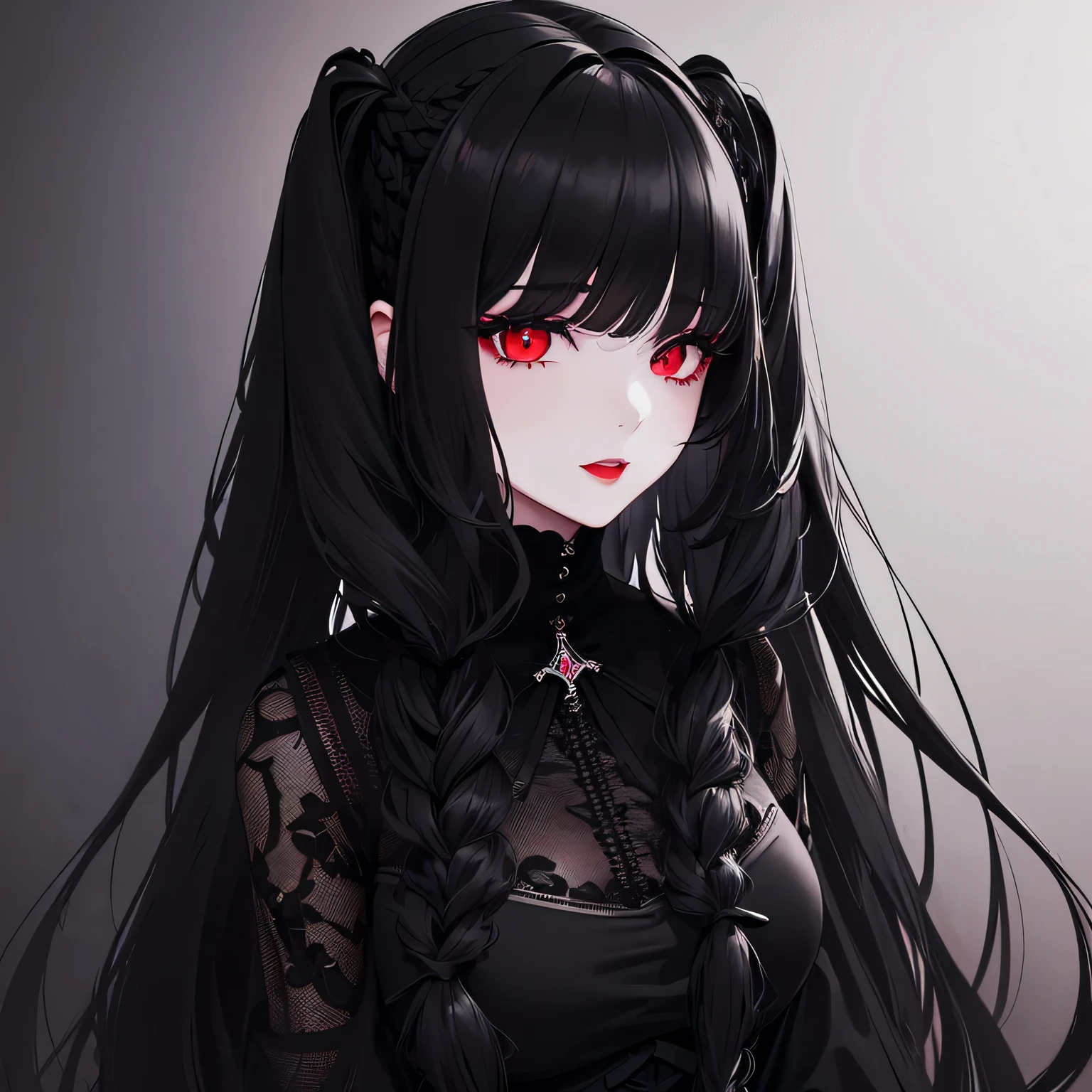 1 girl,Depp's Sense,confused,catch light,Super beautiful illustration,(black color,long hairstyles:1.6),turn around,dark dark eyeshadow,bright red lipstick,Gothic Lolita,Upper body,;d,beautiful and delicate flowing hair,delicate and detailed red eyes,Huge