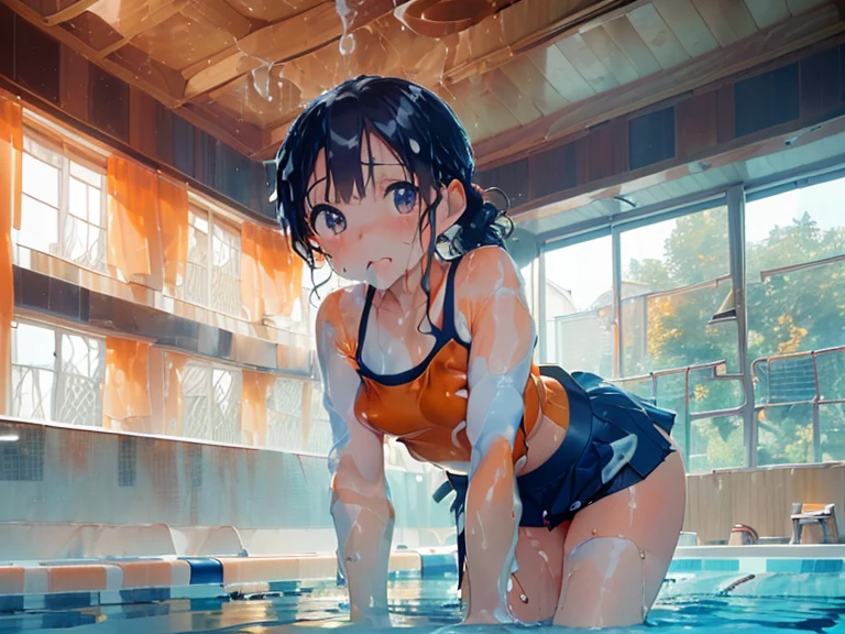 masterpiece,highest quality,real,(((all fours pose))),swimsuit(((Super soaked,(navy blue mini skirt,(Orange camisole))))),((((((Slimy lotion indoor pool)))))),((((((ぬるぬるローションでSuper soaked)))))),