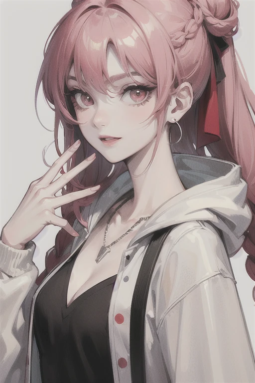masterpiece, ultra detailed, beautiful, exquisite, female, glad, happy, hopeful, proud, intelligent, smiling, neutral, serious look, looking at viewer, looking ahead, front view, long hair, braids, french braids, wave hair, center part, long hair, braid, half updo, wavy hair, black hair, blonde, pink hair, red hair, colored inner hair, pink eyes, red eyes, eyes open, big eyes, wide-eyed, pale skin, fair skin, shiny skin, detailed skin, detailed face, pale skin, slim, slender, curvy, hair ribbon, piercing, earrings, necklace, 20-year-old, young adult, adult, white background, gray background, flat background, cute, beautiful, dark fantasy, light atmosphere, anime, main artwork, concept art, soft-edged, closeup shot, headshot, macro shot, from front, front view, highly saturated colors, t-shirt, long-sleeved t-shirt, long sleeves, sweater, hoodie, cardigan, real