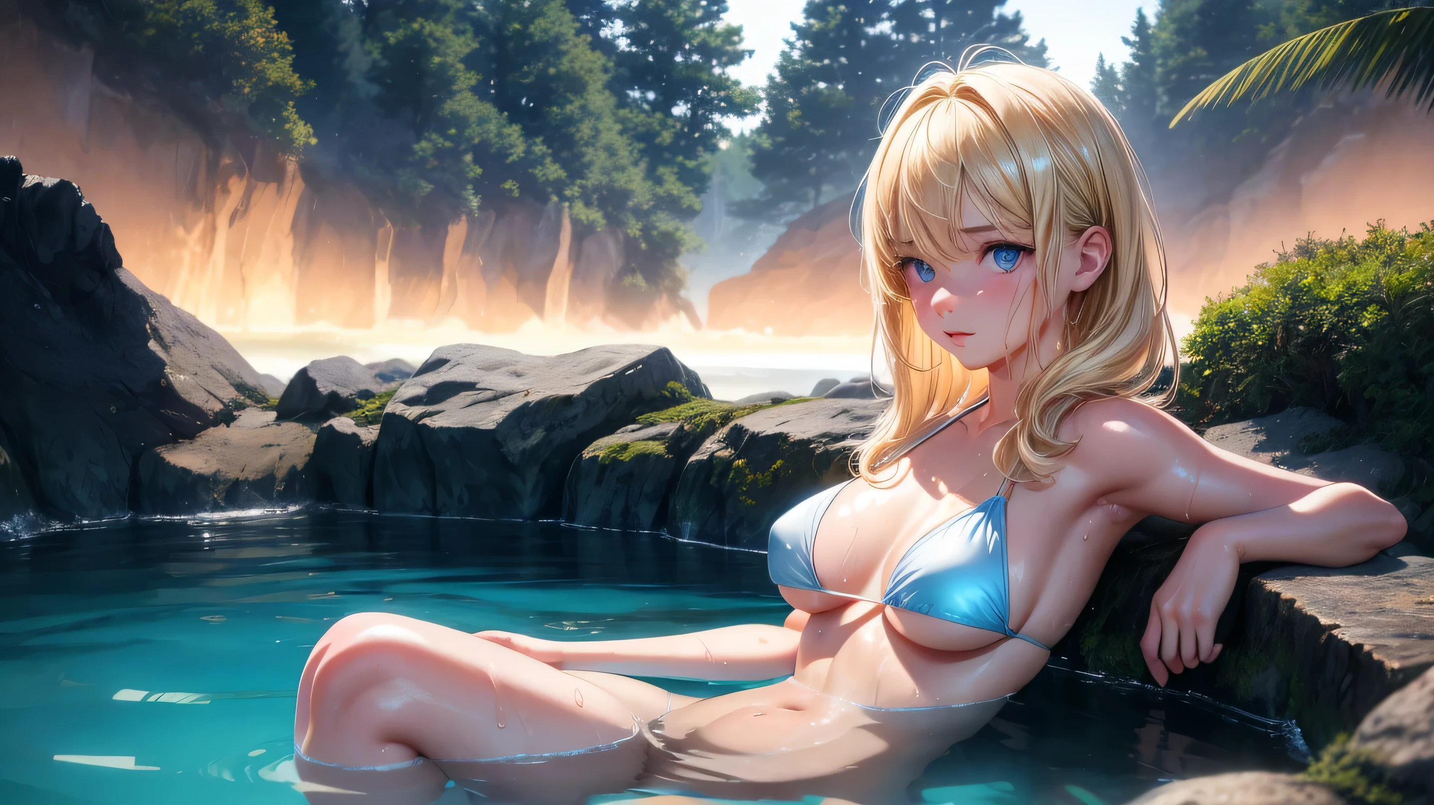 realista, 1 garota, cabelo loiro, olhos azuis, olhos brilhantes, pele brilhante, suado, bikini, in a rock pool with hot water, tree background, In the darkness of the night, sombrio, 8k, complete in high definition , cinematographic