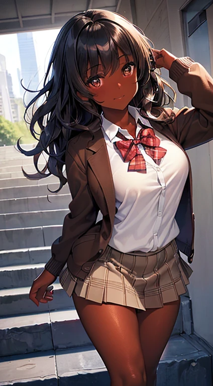 ((desktop, best quality, high quality, artwork, high resolution, nffsw, detailed,pixel perfect, perfect, detailed,absurd graphic, ultra 8K HD, nffsw, nffsw))), 1 dark-skinned woman,beautiful black girl, single, alone, beauty、full body seen 、 ((medium wavy hair, bangs, bright brown skin, black hair, dark skin)), ((brown eyes, beautiful eyelashes, olive skin, realistic eyes)), ((detailed face, blush: 1,2)), ((soft texture: 0.75, realistic texture: 0.65, photorealistic: 1.1, CG anime style)), medium breasts, dynamic angle, beautiful,perfect body, ((red bow tie, school uniform, black jacket, jacket open, brown cardigan, white shirt, black skirt, plaid skirts)), City staircase、Looking up the stairs from below、Very embarrassing panic smile,wallpaper, I turned around、leaning forward、(The wind blew my skirt and exposed my ass. ........ . .. .. ... ..、Touch the buttocks with both hands、White panties)、