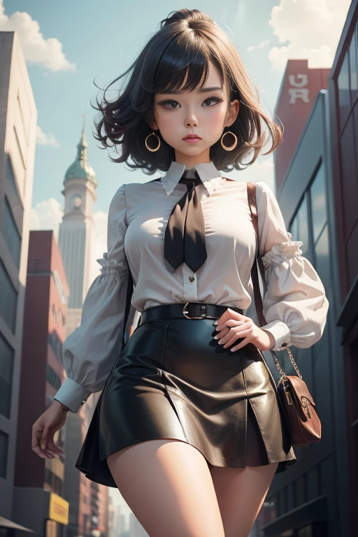 Giantess, Mini City, walking over tiny buildings, blouse, skirt