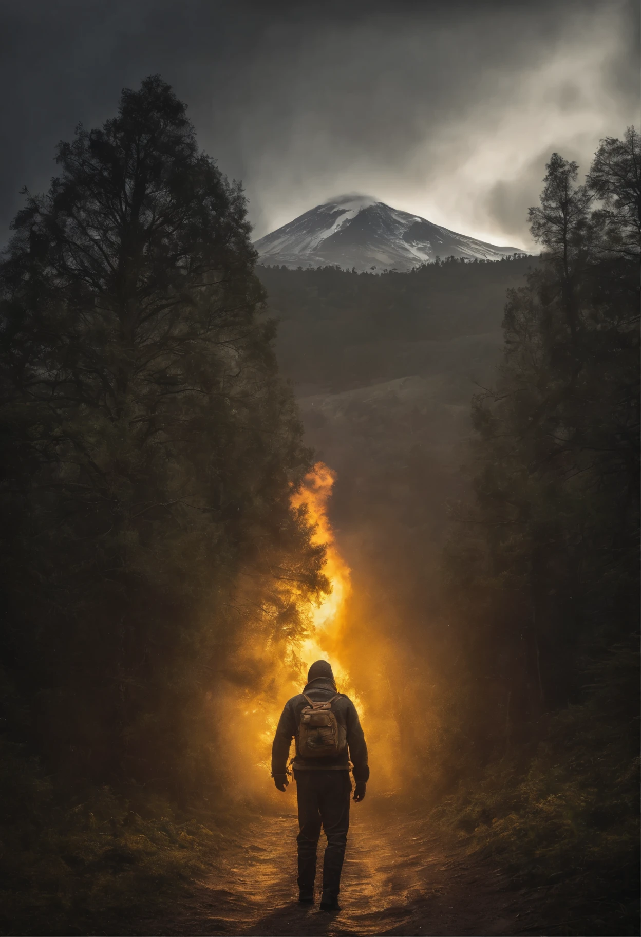 drawing, computer graphics, Fantasy, realism, высокая detailing, quintet of men (detailing), ((with light gray hair)) (hair detailing), ((yellow eyes)), (face detailing), (clothing detailing), standing by an erupting volcano (volcano detailing), (nature detailing), 8 CC