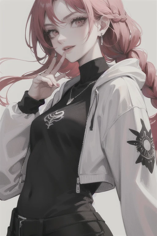 masterpiece, ultra detailed, beautiful, exquisite, female, glad, happy, hopeful, proud, intelligent, smiling, neutral, serious look, looking at viewer, looking ahead, front view, long hair, braids, french braids, wave hair, center part, long hair, braid, half updo, wavy hair, black hair, blonde, pink hair, red hair, colored inner hair, pink eyes, red eyes, eyes open, big eyes, wide-eyed, pale skin, fair skin, shiny skin, detailed skin, detailed face, pale skin, slim, slender, curvy, hair ribbon, piercing, earrings, necklace, 20-year-old, young adult, adult, white background, gray background, flat background, cute, beautiful, dark fantasy, light atmosphere, anime, main artwork, concept art, soft-edged, closeup shot, headshot, macro shot, from front, front view, highly saturated colors, t-shirt, long-sleeved t-shirt, long sleeves, sweater, hoodie, cardigan, black hair
