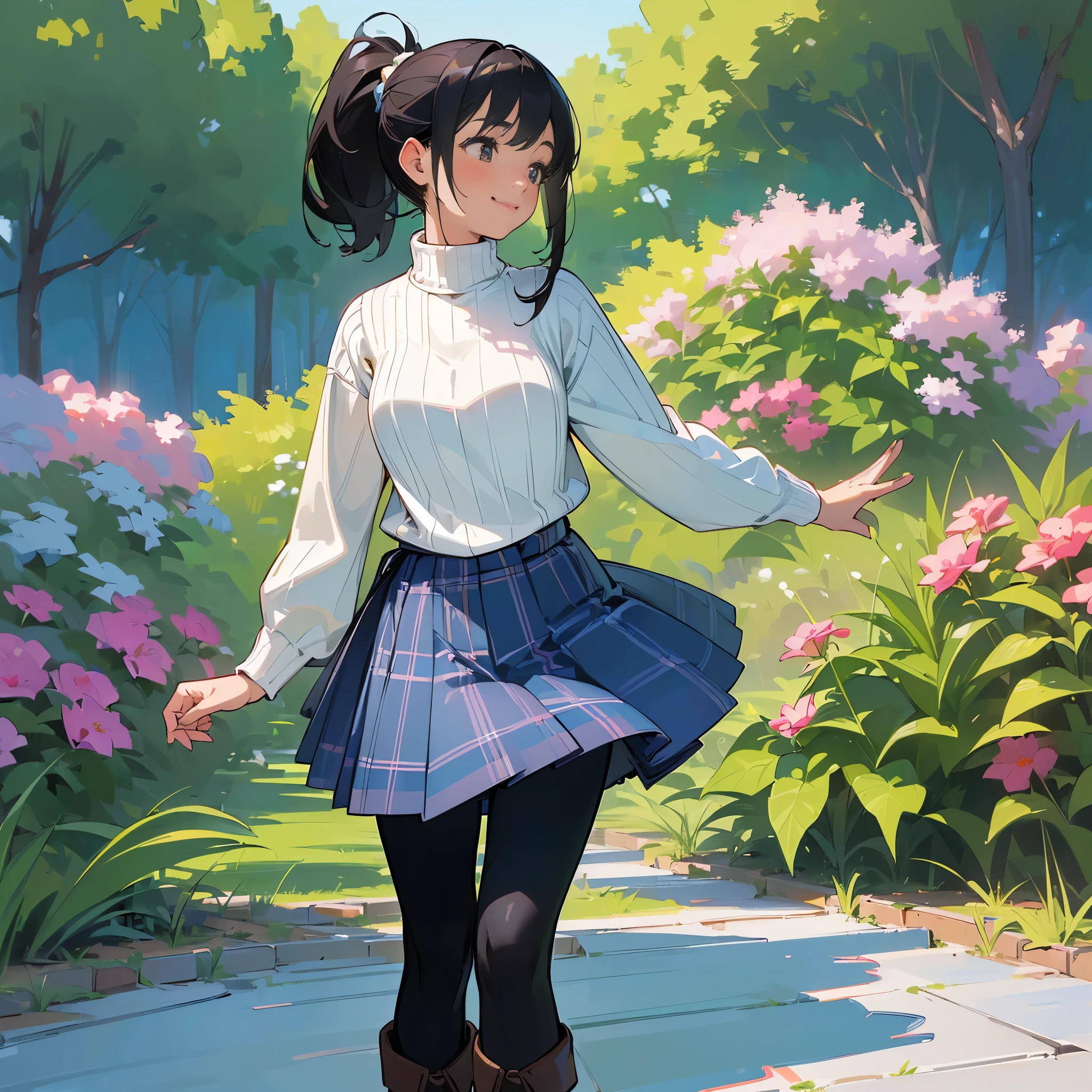 (high quality, high resolution, Super detailed, Reality:1.37), peaceful atmosphere, (outdoor, garden), age girl standing alone, (My breasts are big.), Beautiful detailed features, cute smile, (black hair ponytail), ribbed sweater, blue plaid skirt, Black tights, brown boots.