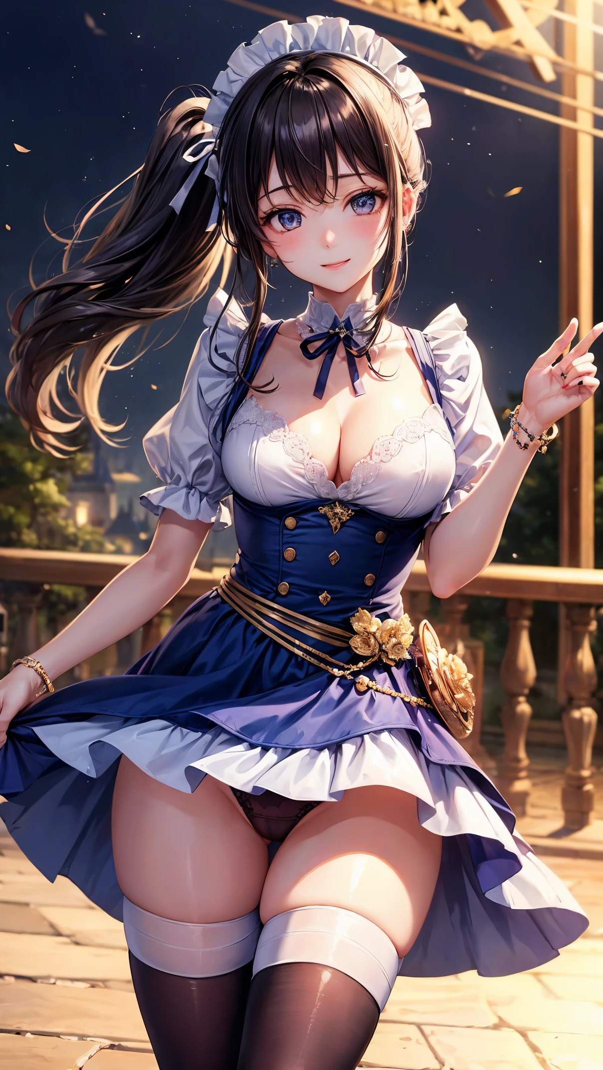 ((highest quality、8K、masterpiece:1.3))、dynamic angle、Angle peeking out from below、I can see the whole body、wallpaper、1 girl、unparalleled beauty、ultimate beauty、revealing underwear、super detailed face、delicate eyes、smile shyly、sexy look、looking at the camera、Depth of bounds written、light particles、side light、ponytail、Maid outfit decorated with jewels、The wind flips up the skirt and reveals the panties.、Open chest、big breasts、cleavage、Thighhighs、thighs、slim、slender、Old castle at night
