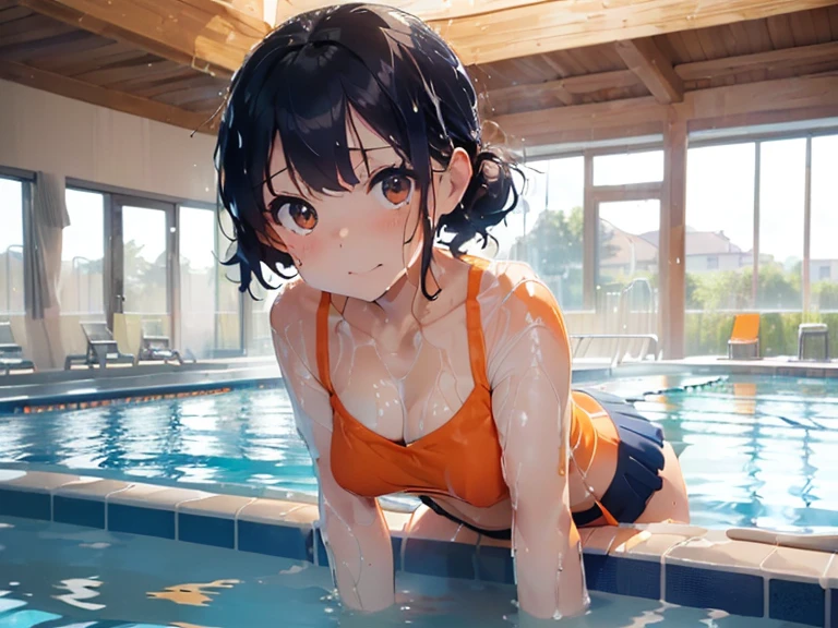 masterpiece,highest quality,real,(((all fours pose))),swimsuit((Super soaked,(navy blue mini skirt,(Orange camisole)))),(((Slimy lotion indoor pool))),(((((ぬるぬるローションでSuper soaked))))),