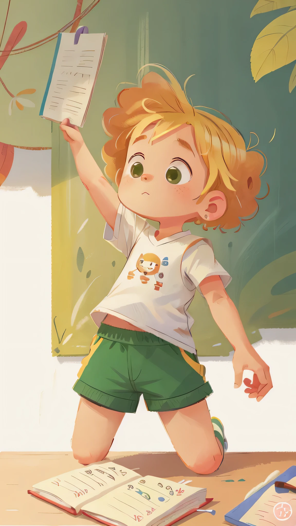 boy, white background, children's book illustration style, simple, cute, 2 , bright colors, (blond hair), ends of hair below the ears curly, light skin, (sleeveless shirt), (white shirt), shorts fabric, (green shorts), intricate details, writing in notebook, at school.