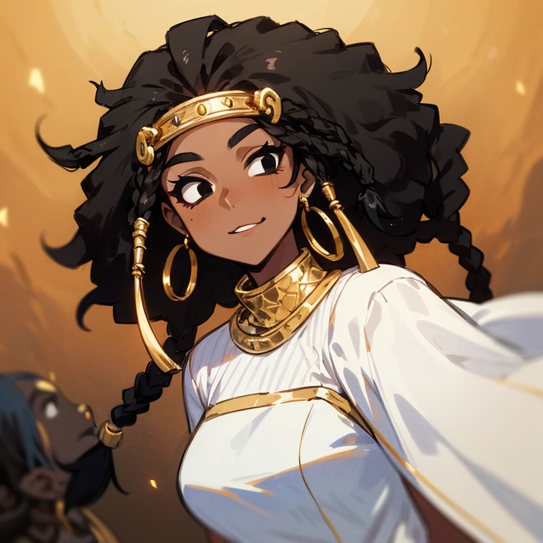 (((Black African Woman))),(((Dark Skin))),(((Black dread hair))),(((Black eyes))),(((White dress with gold accessories)))