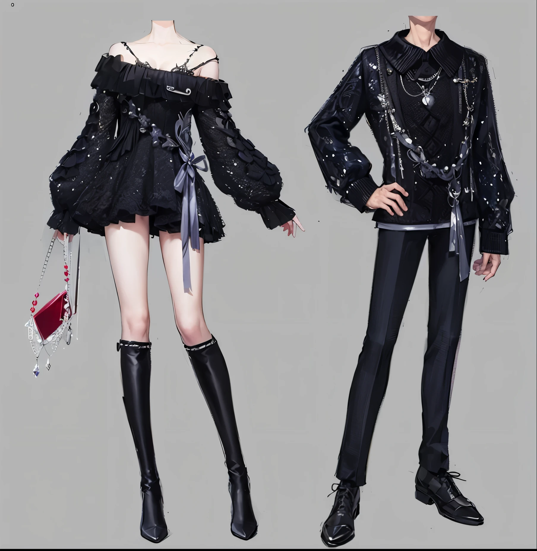 Anime style rendering of a woman in a black dress and a man in a black suit, Fashion Design, Very detailed and rich costumes, Moon themed clothing, fashion concept art, Astral Witch Clothes, fantasy costumes, Detailed clothes, full body xianxia, Fantasy style clothing, Fashion Designs, Sensual gloomy style, intertwined full body view, Style Games Square Enix