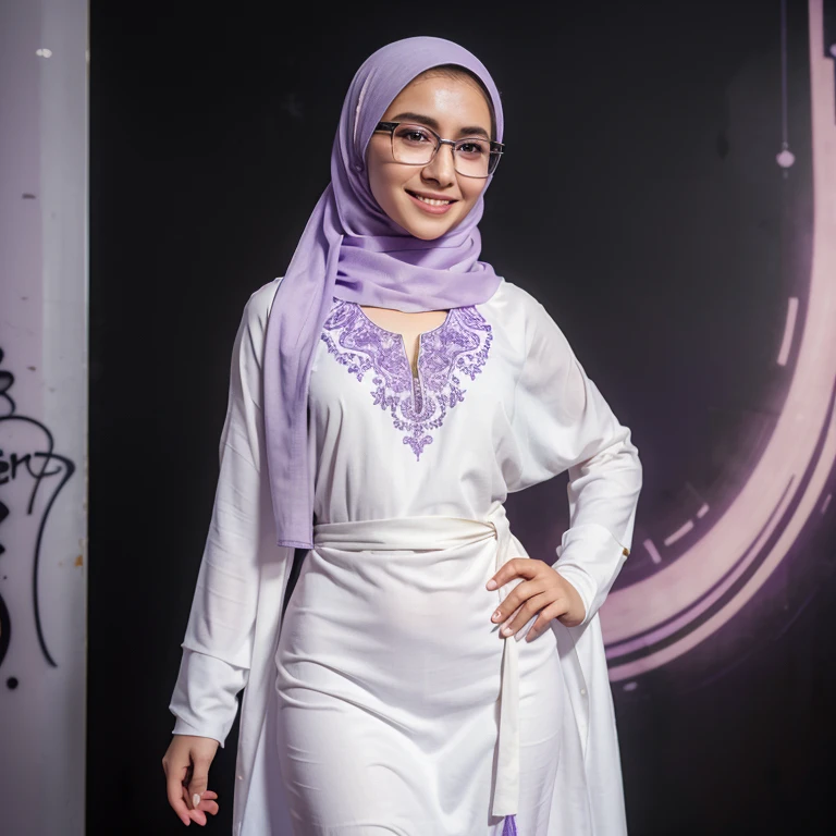 photography, young woman with smile face, long pastel white hijab with purple baju kurung, wide-frame glasses, background digital art graffiti on black wall, ultra details any aspect of drawing, UHD 8K