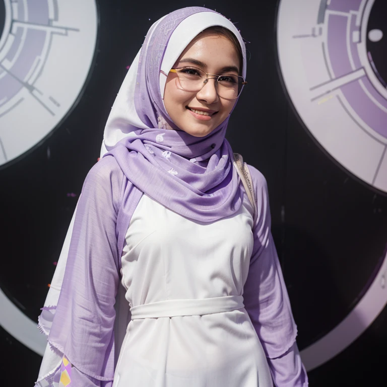  photography, young woman with smile face, long pastel white hijab with purple baju kurung, wide-frame glasses, background digital art graffiti on black wall, ultra details any aspect of drawing, UHD 8K