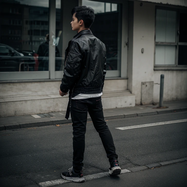 A realistic boy who wear black jacket, shoes, fashionable jeans. Back ground should be dark, thriller.