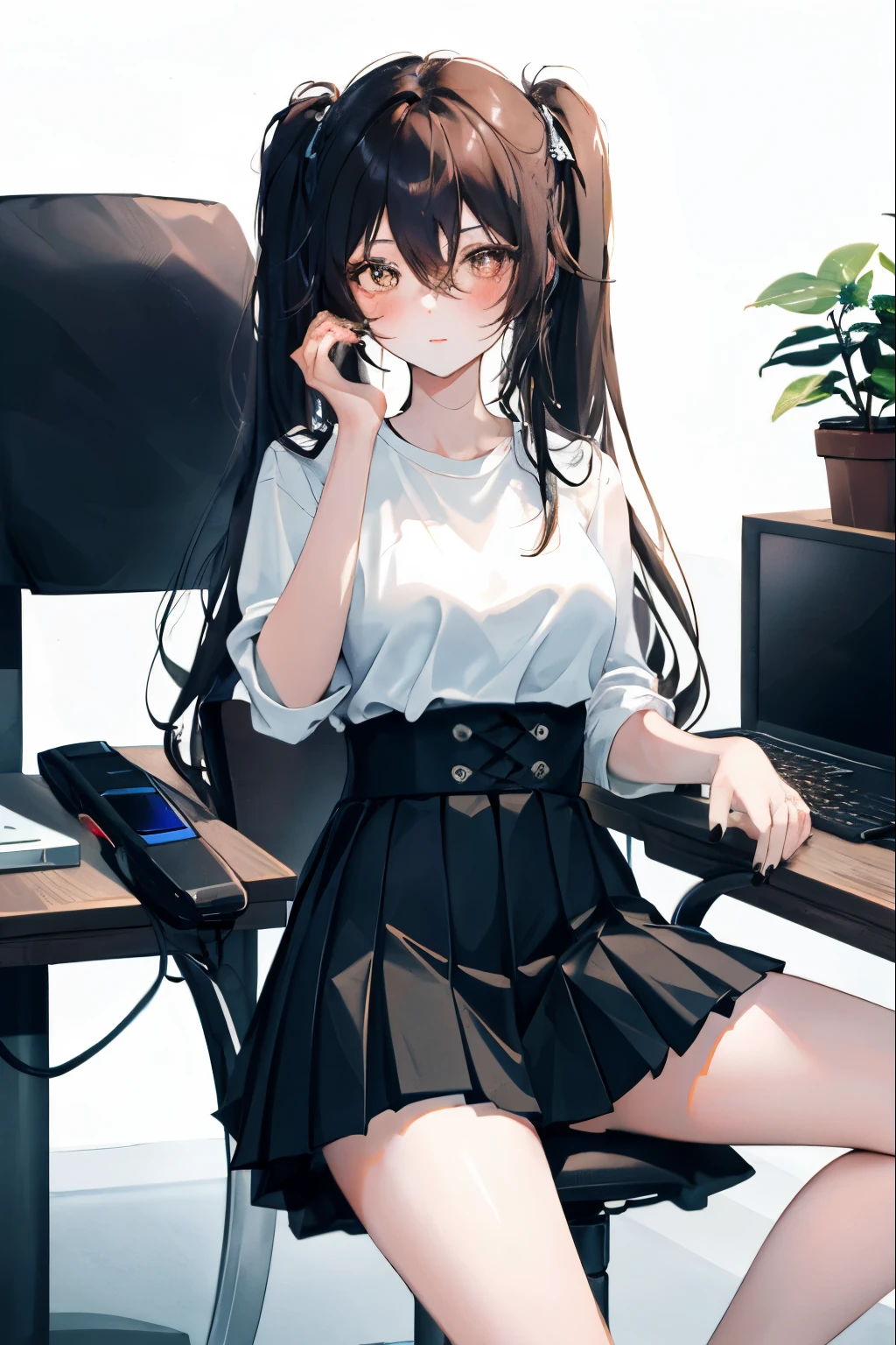 Hu Tao, 1 girl, alone, ((White shirt)), black Raise your legs high, breast, split, , office background, black skirt, pleated skirt, office, hair between eyes, brown eyes, Flower pupils, medium breast, long hair, looking at the audience, black hair, Short brown nails, alone, Raise your legs high, thigh, very long hair, ((masterpiece)), sitting, Chair, table, computer on table, Name label, identity tag, indoor, blush, sexy pose, ((long twintails)),