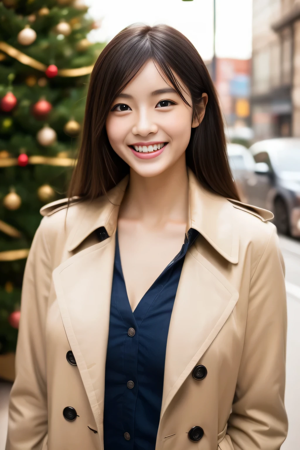 The face is a hostess、trench coat、high quality、surreal、healthy、smile、Perfect slender figure、beauty of japan、beautiful eyes、perfect face、beautiful skin、Upper body、Christmas tree、street