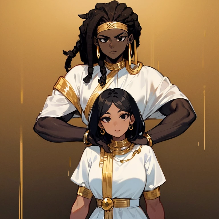 (((Black African Woman))),(((Dark Skin))),(((Black dread hair))),(((Black eyes))),(((White dress with gold accessories))),(((Alone)))