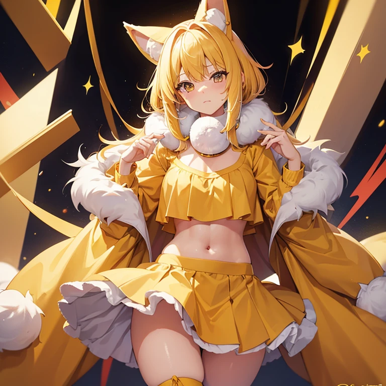 yellow hair,furry ears,girl,((Fluffy around the neck:1.5)),sexy,(Yellow clothes),thunder,Seductive thighs,(yellow skirt),(small breasts:1.0),cleavage,panty shot,Navel soup,idol costume,panty,beautiful girl,thick thighs,slender, skinny, slim,