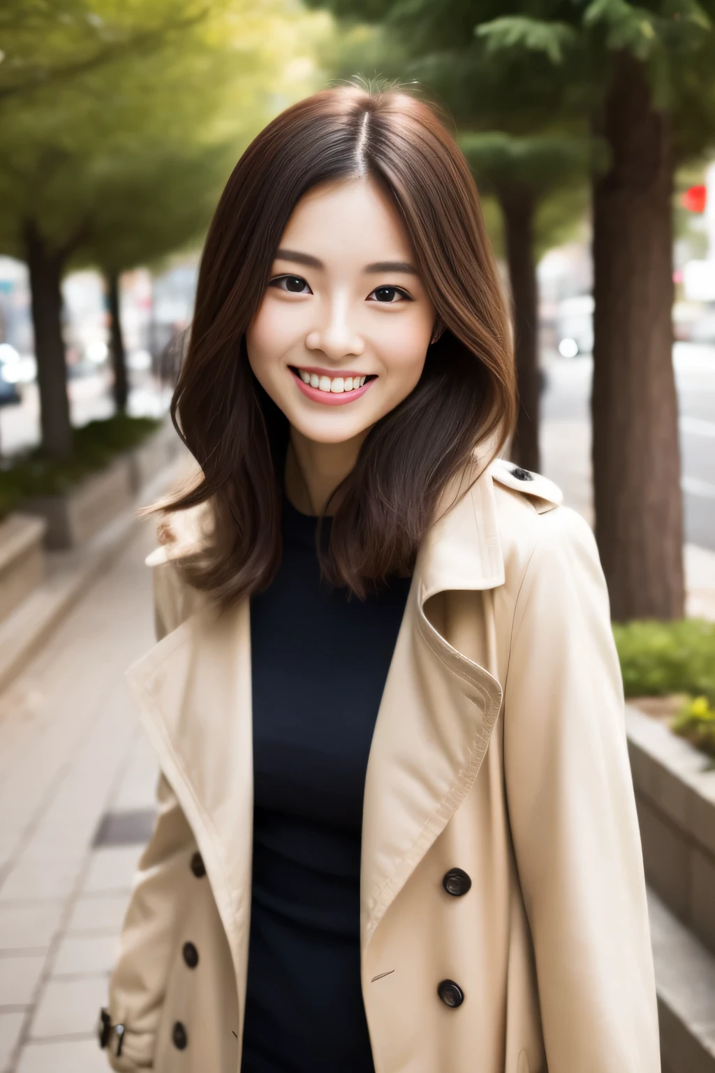 The face is a hostess、trench coat、high quality、surreal、healthy、smile、Perfect slender figure、beauty of japan、beautiful eyes、perfect face、beautiful skin、Upper body、Christmas tree、street