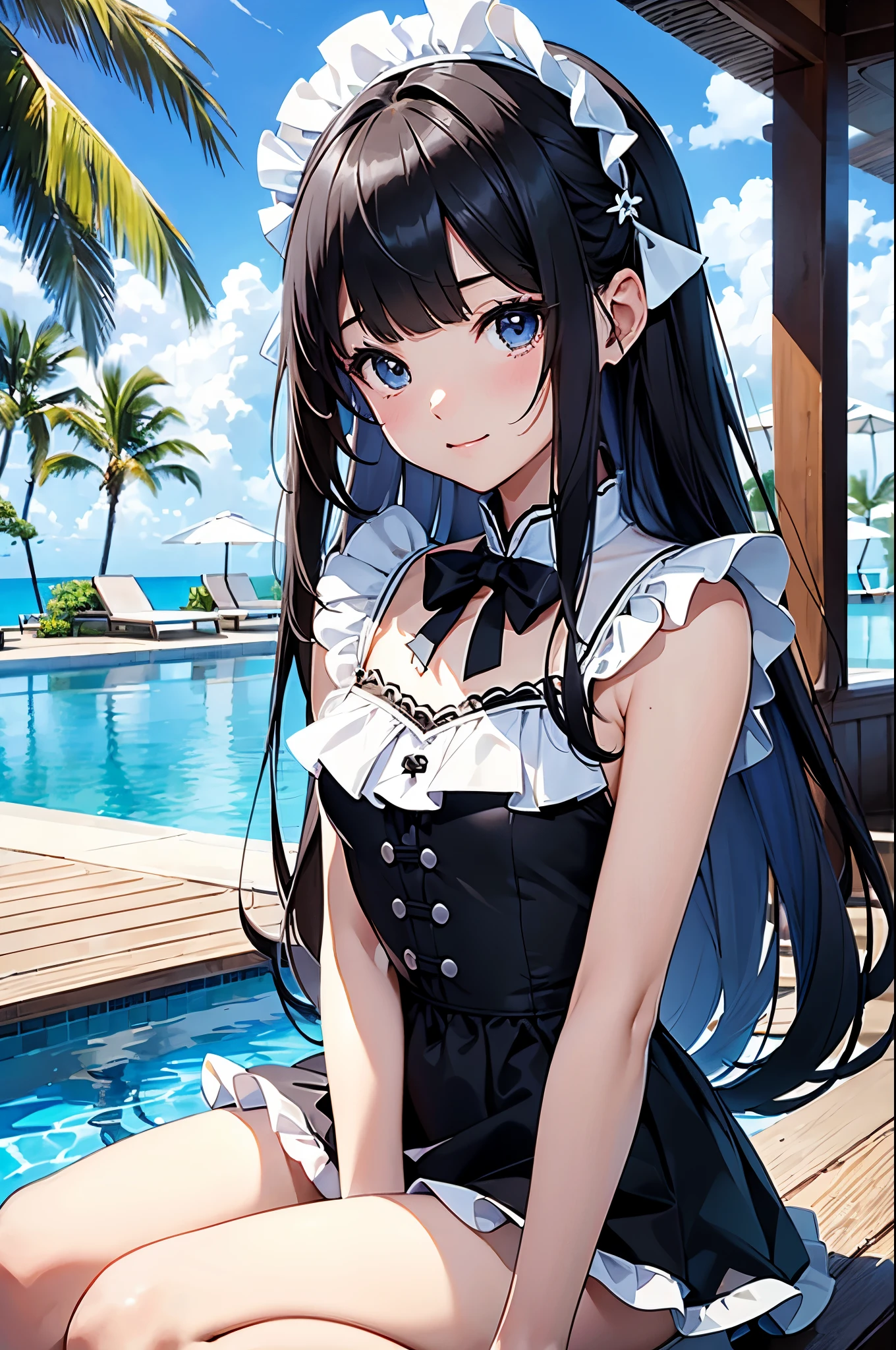 ((masterpiece、4K、8K、highest quality: 1.perfect fingers: 1.perfect anatomy: 1.3、background blur))、((Super precise expression))、((white ruffles、black maid swimsuit))、((、thin、small face、dog ears、super beautiful girl、straight long hair))、beautiful eyes:1.1、smile、barefoot、(sitting next to the photographer)、blue sky、resort hotel、Poolside、