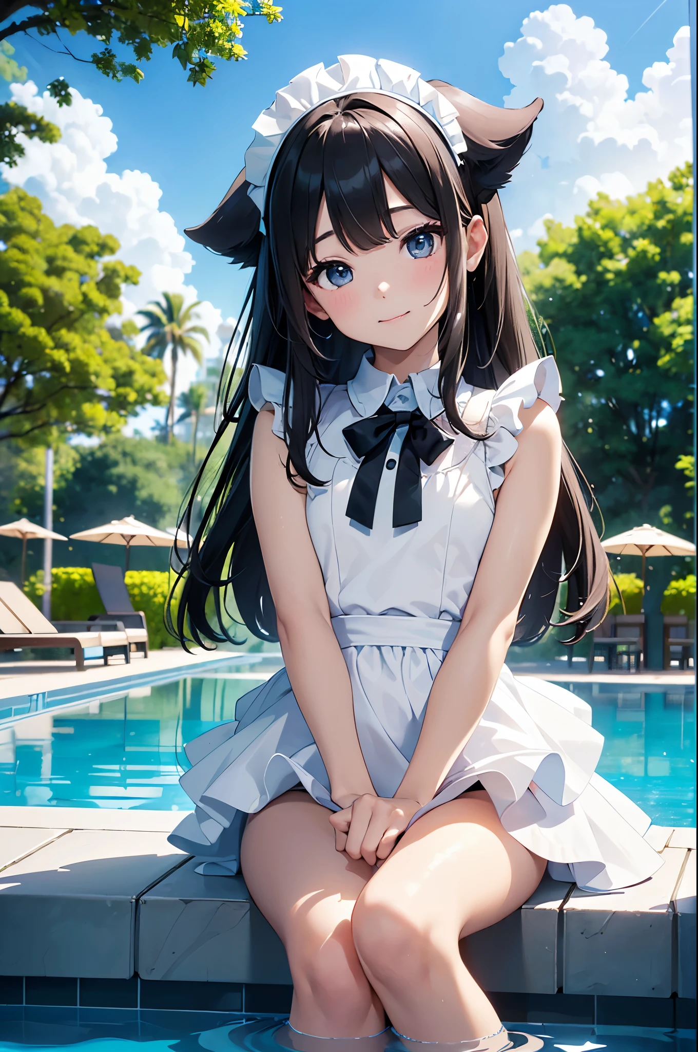 ((masterpiece、4K、8K、highest quality: 1.perfect fingers: 1.perfect anatomy: 1.3、background blur))、((Super precise expression))、((white ruffles、black maid swimsuit))、((14 years old、thin、small face、dog ears、super beautiful girl、straight long hair))、beautiful eyes：1.1、smile、barefoot、（sitting next to the photographer）、blue sky、resort hotel、Poolside、
