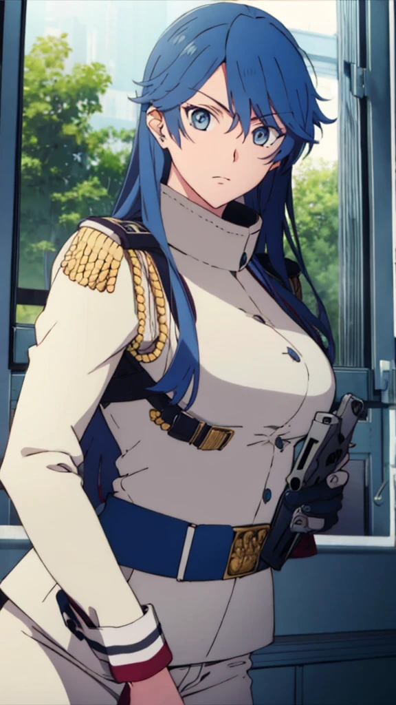 masterpiece, best quality, , 1girl, solo, looking at viewer, upper body , realistic, MONSTAMOO , blue hair , blue eyes , military uniform , battlefield , military equipment , holding handgun , long hair