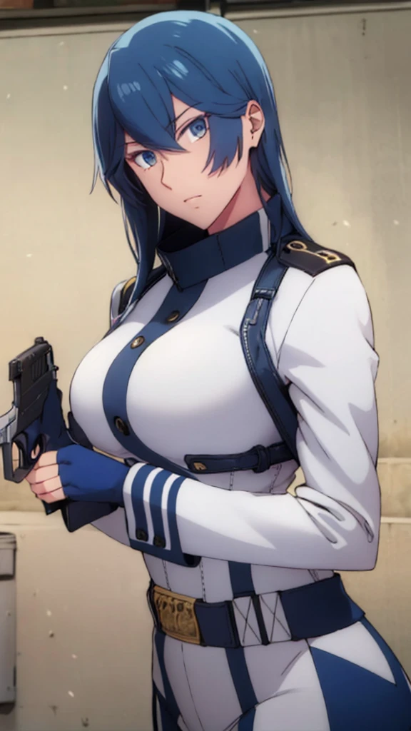 masterpiece, best quality, , 1girl, solo, looking at viewer, upper body , realistic, MONSTAMOO , blue hair , blue eyes , military uniform , battlefield , military equipment , holding handgun , long hair