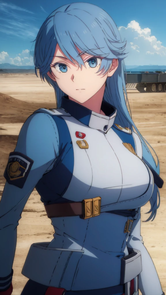 masterpiece, best quality, , 1girl, solo, looking at viewer, upper body , realistic, MONSTAMOO , blue hair , blue eyes , military uniform , battlefield , military equipment , holding handgun , long hair