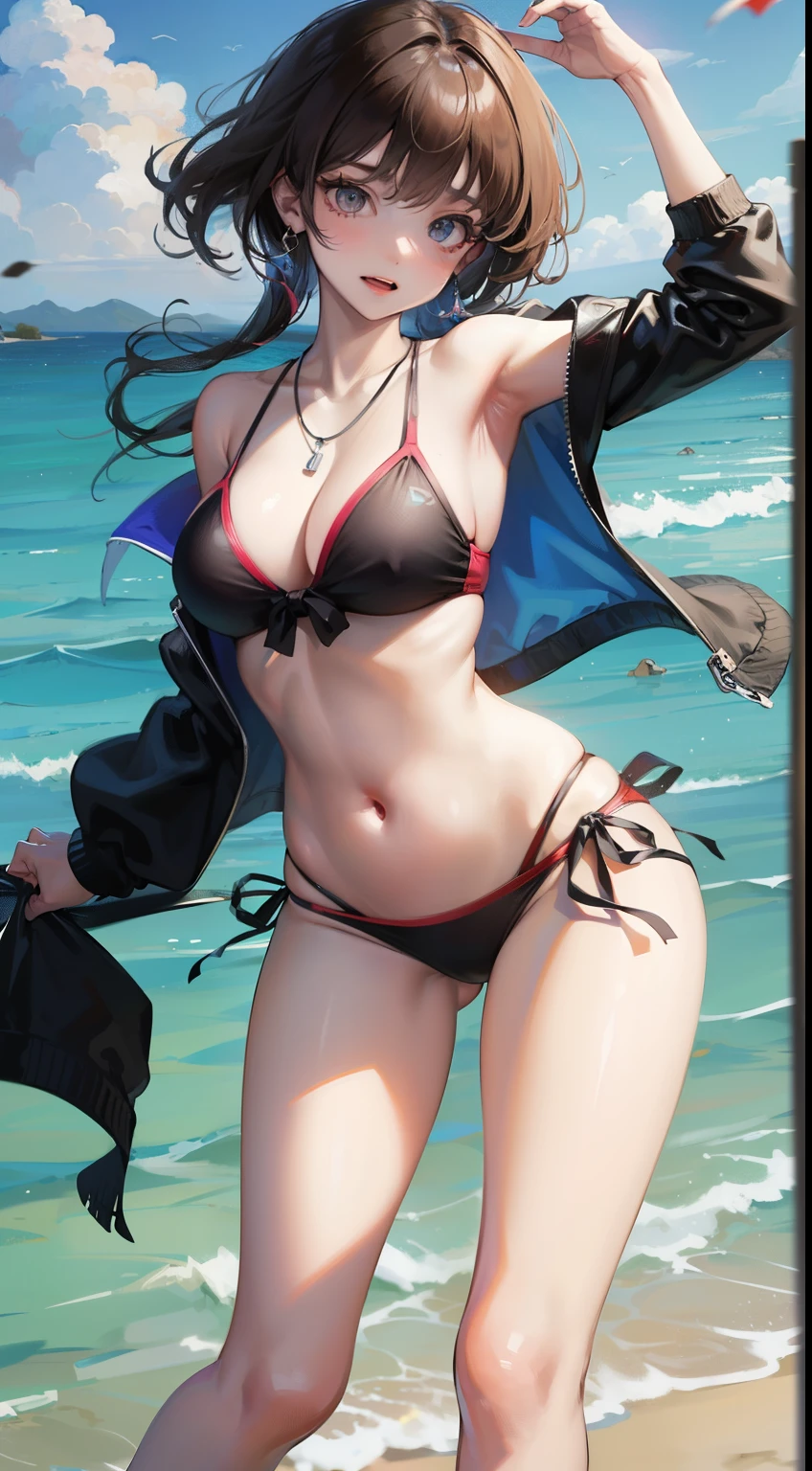 A college student is wearing a cute swimsuit at the beach, holding back her hair from the wind, curvaceous, necklace, chest enhancement, ultra-high definition,