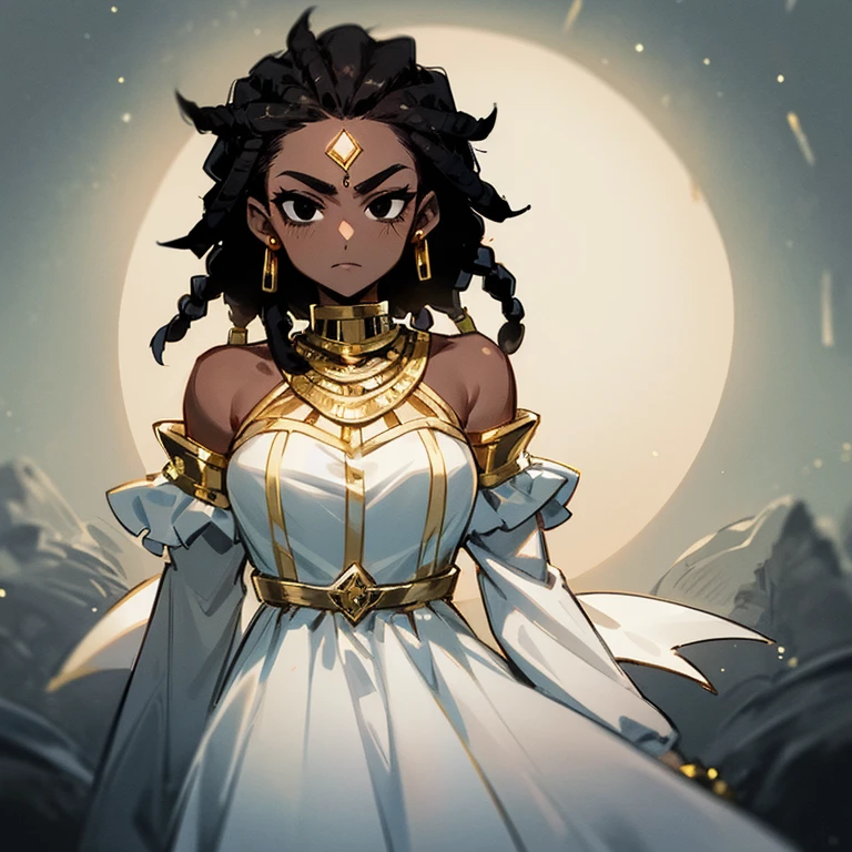 (((Woman))),(((Dark Skin))),(((Black dread hair))),(((Black eyes))),(((White dress with gold accessories))),(((Alone)))
