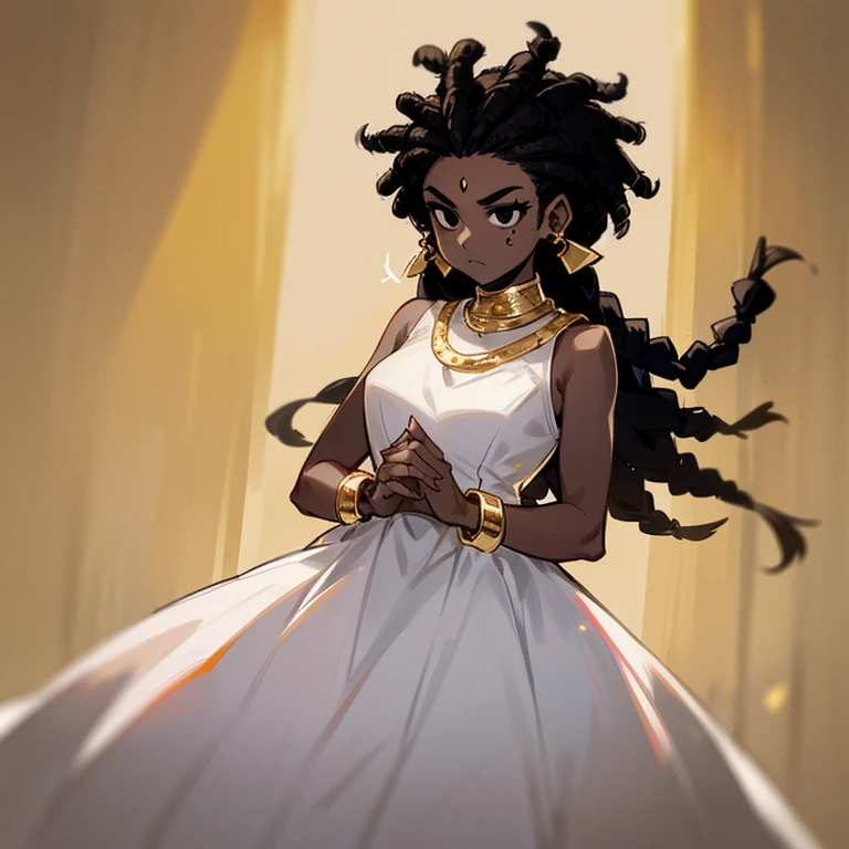 (((Woman))),(((Dark Skin))),(((Black dread hair))),(((Black eyes))),(((White dress with gold accessories))),(((Alone)))