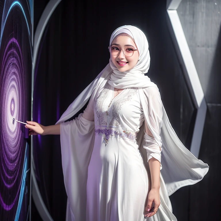  photography, young woman with smile face, long pastel white hijab with purple baju kurung, wide-frame glasses, background digital art graffiti on black wall, ultra details any aspect of drawing, UHD 8K
