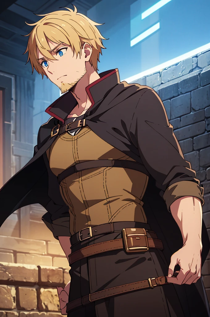 male, blonde hair, blue eyes, short hair, messy hair with beard, wizard, leather strap suit, 25 years old, young adult, dark brown clothes, no_cape, medieval background, athletic body, wide eyed, surprise expression