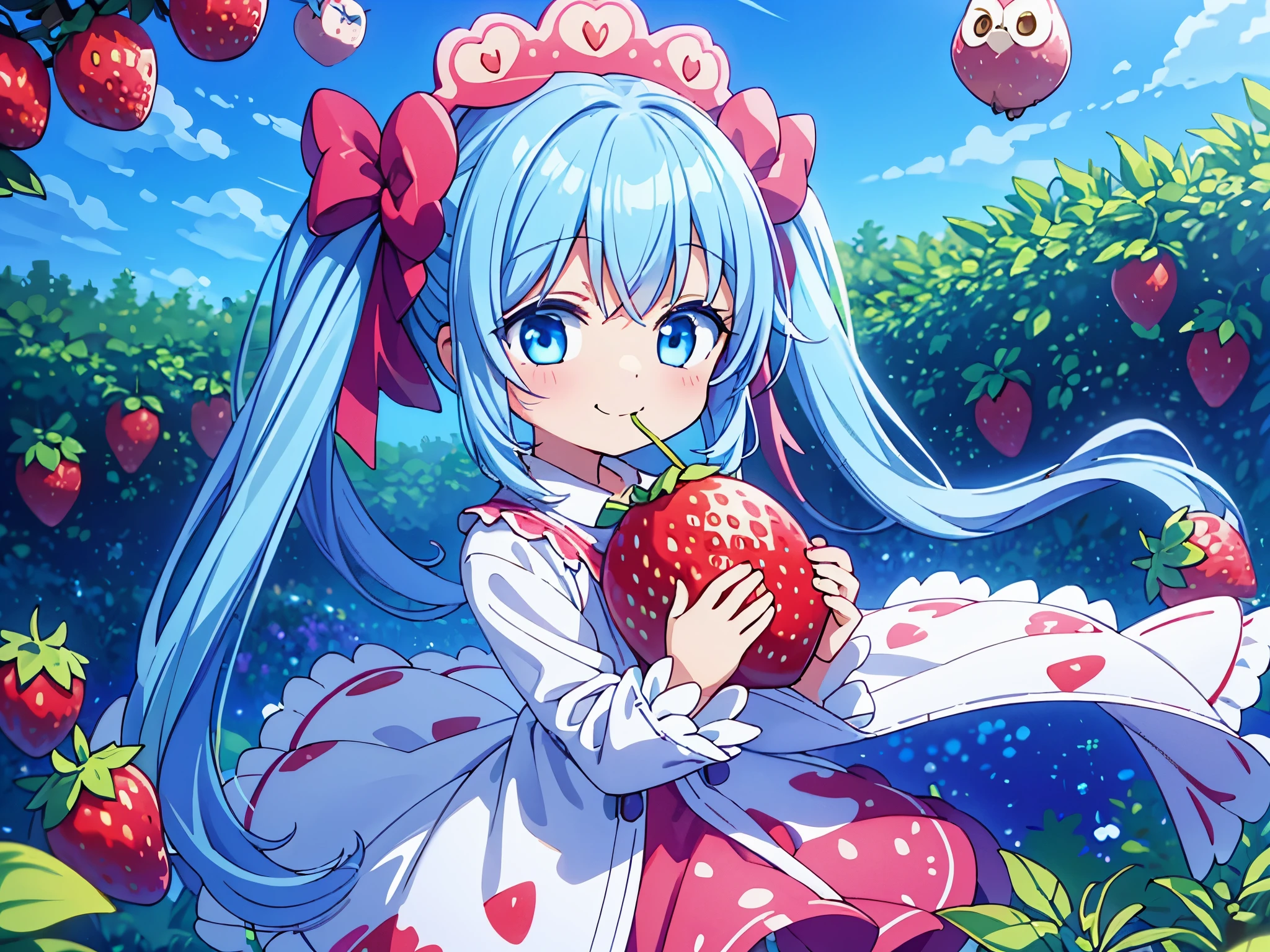 under the blue sky　A strawberry field((Some photos)).beautiful girl with long light blue hair　Hair style is twin tails　adorable smile　eating a big strawberry　Warm strawberry pattern down coat　A big owl is watching over the girl　