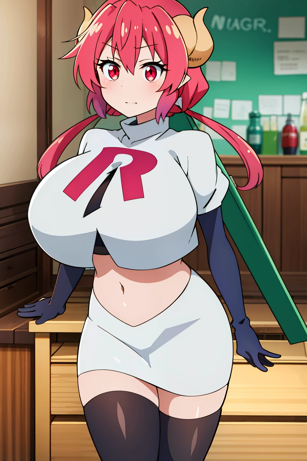 masterpiece, perfect lighting, (beautiful, best quality:1.3), perfect eyes, absurdres, 8k,
1girl, solo, (absurdres), finely detail,
ilulu_maiddragon, red hair, long hair, huge breasts, red eyes, twintails, horns, huge breasts,
team rocket,team rocket uniform, red letter R, white skirt,white crop top,black thigh-highs,black elbow gloves