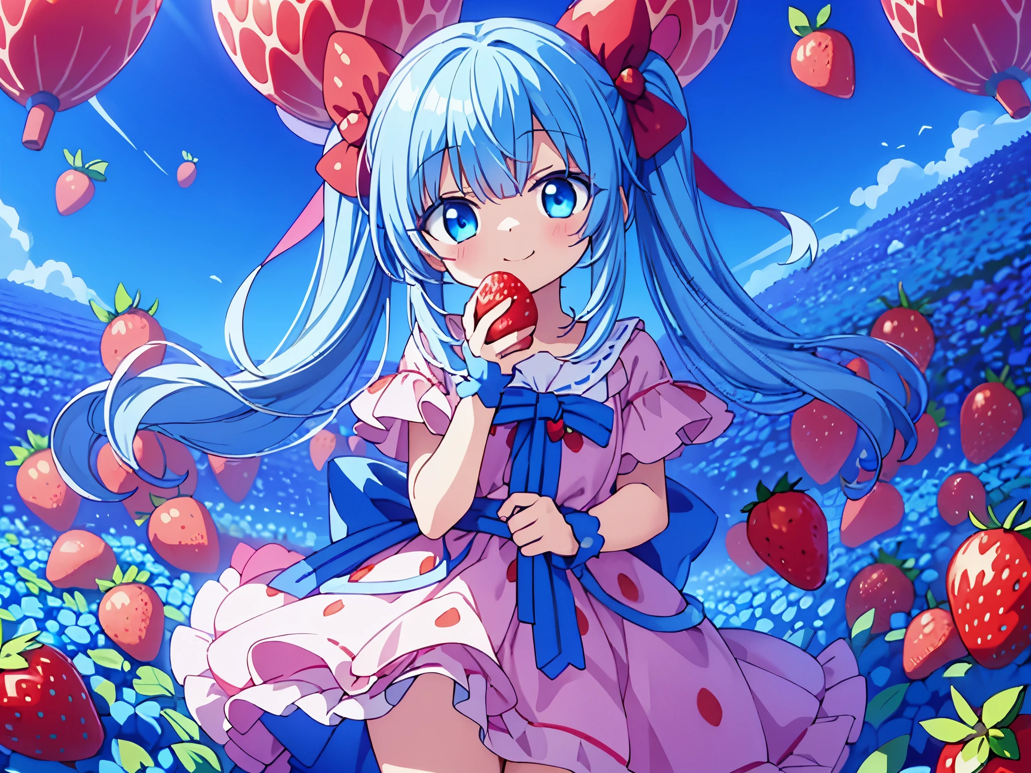 under the blue sky　A strawberry field((Some photos)).beautiful girl with long light blue hair　Hair style is twin tails　adorable smile　eating a big strawberry　Warm strawberry pattern down coat　A big owl is watching over the girl　