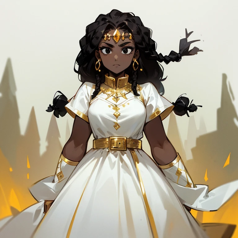 (((Woman))),(((Dark Skin))),(((Black dread hair))),(((Black eyes))),(((White dress with gold accessories))),(((Alone)))