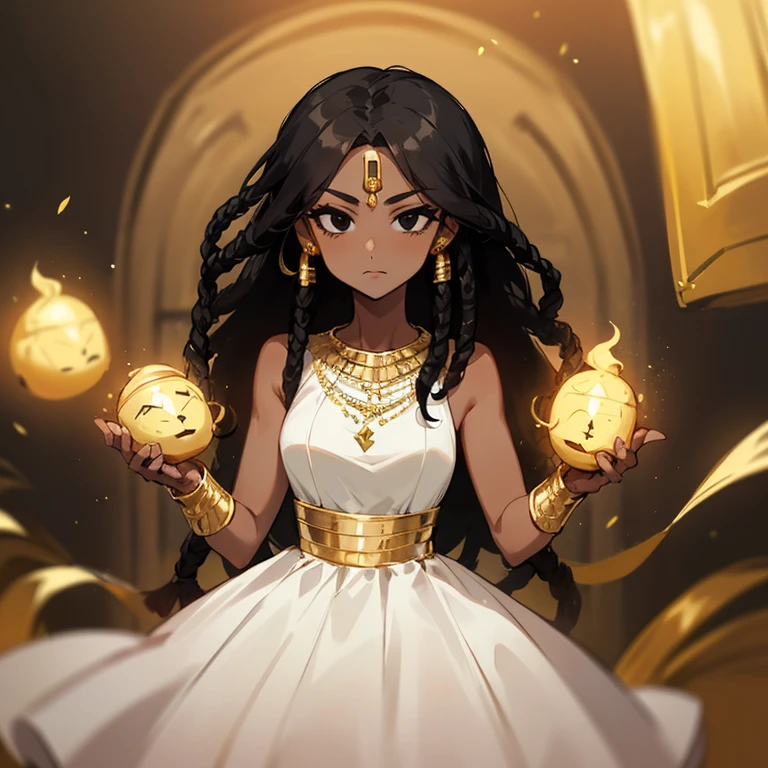 (((Woman))),(((Dark Skin))),(((Black dread hair))),(((Black eyes))),(((White dress with gold accessories))),(((Alone)))